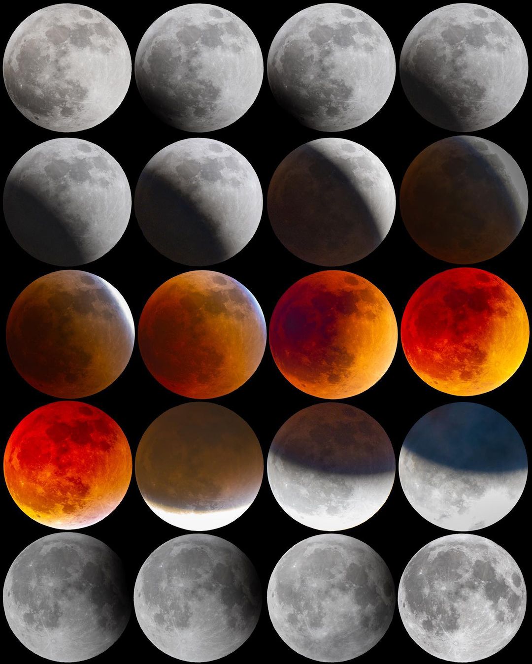 Fases do eclipse lunar. Reprodução/Rami Ammoun/Virgínia-EUA/Instagram