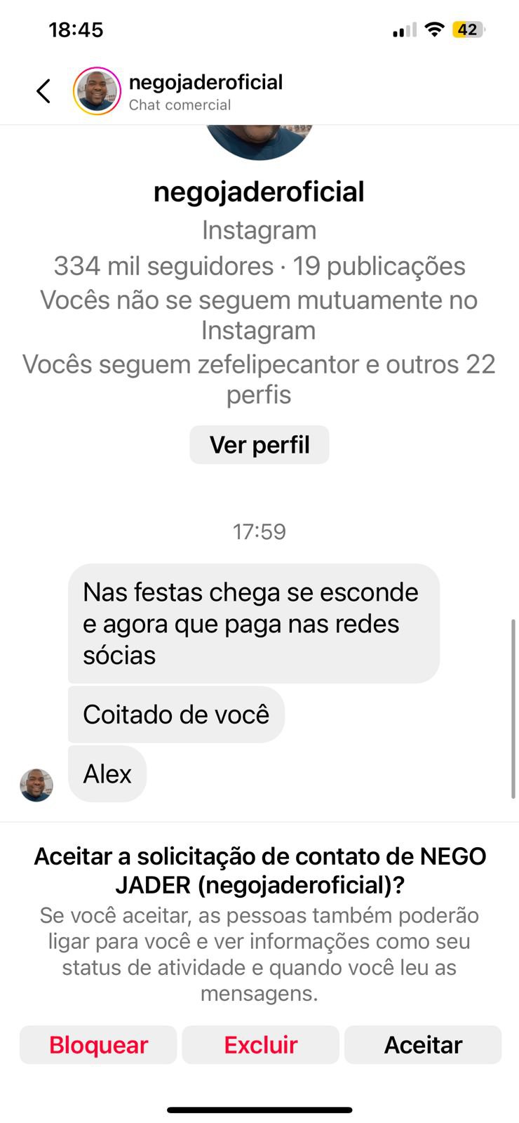 Captura de tela de conversa entre Alex Gallete e Jader (Foto: reprodução/Instagram)