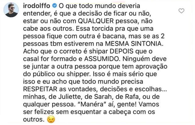Rodolffo sobre 'shipper' com Juliette, Sarah e Rafa: ‘Maneirem aí, gente’ (Foto: Reprodução/Instagram)