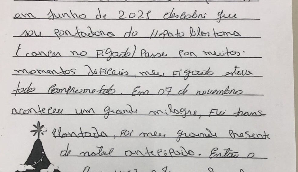 Criança de 12 anos agradece seu transplante de fígado em carta ao papai noel