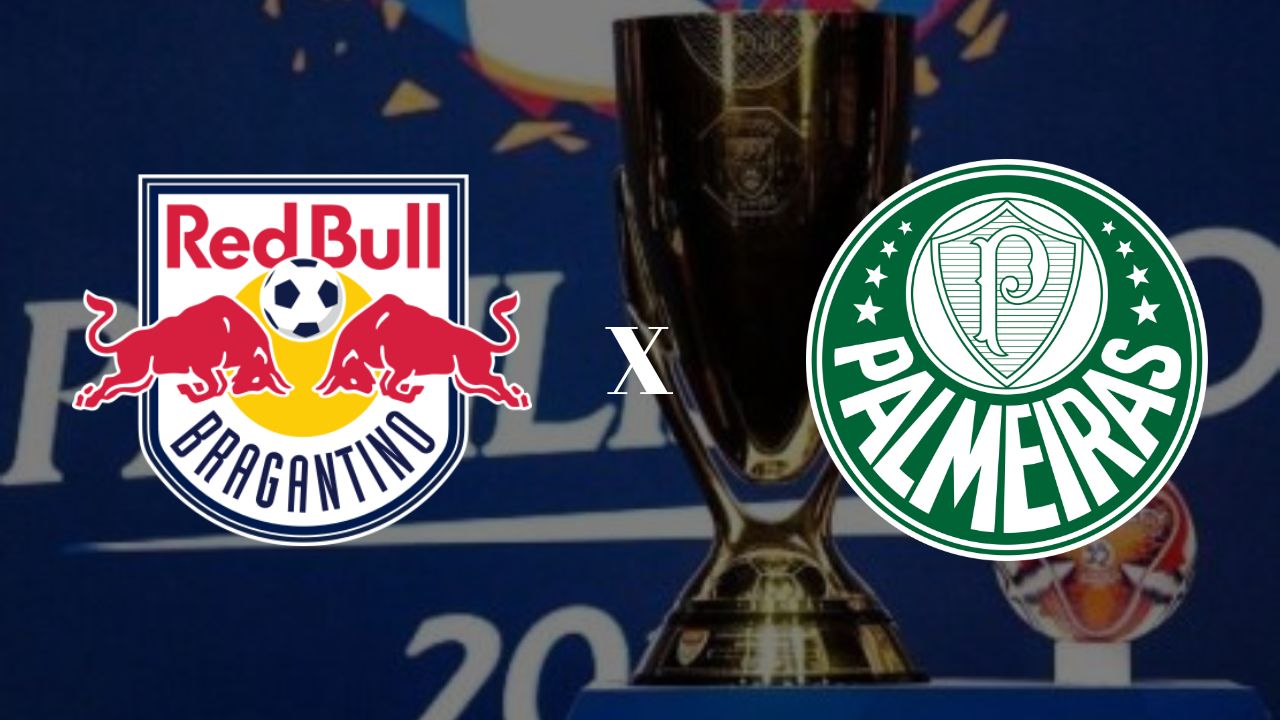 Ao fundo, taça do Paulistão; À esquerda, escudo Red Bull Bragantino; À direita, escudo Palmeiras