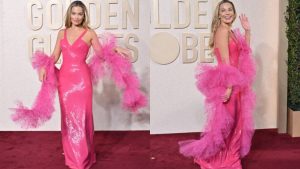 Margot Robbie faz referência à Barbie em look para o Globo de Ouro