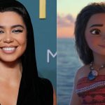 À esquerda Auli’i Cravalho em evento de gala; á direita personagem Moana