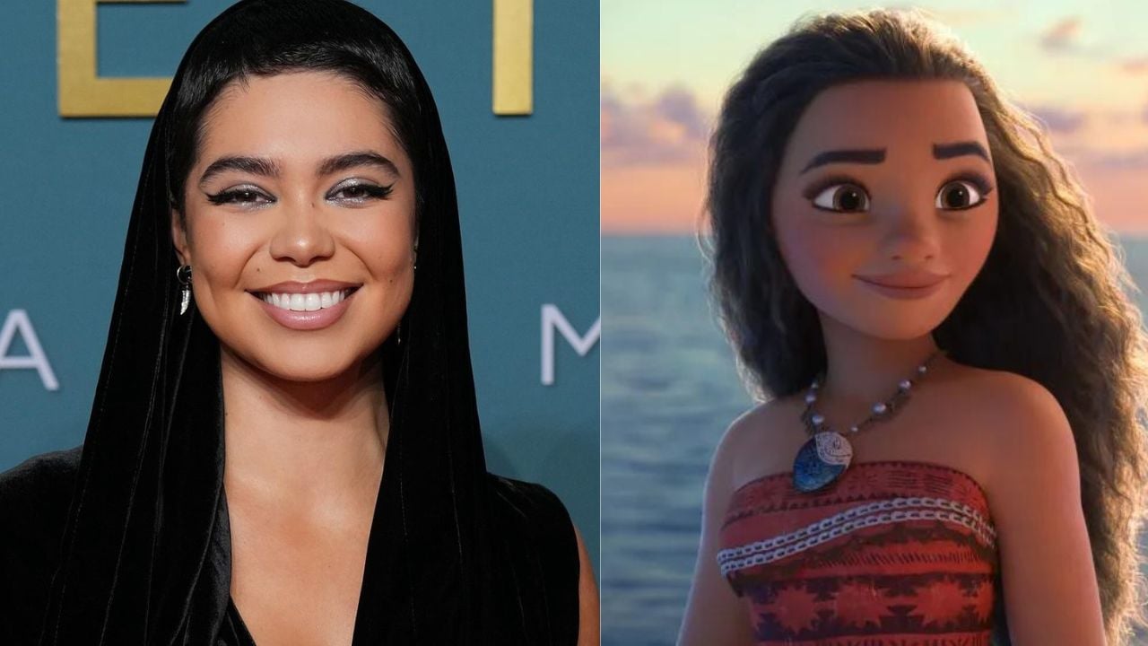 À esquerda Auli’i Cravalho em evento de gala; á direita personagem Moana