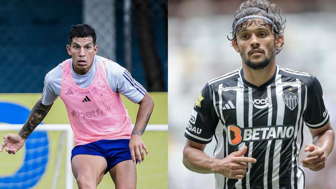 Lucas Romero durante treino do Cruzeiro e Gustavo Scarpa durante jogo do Atlético-MG