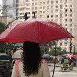 Mulher com guarda-chuva na rua representando um dia de baixa temperatura