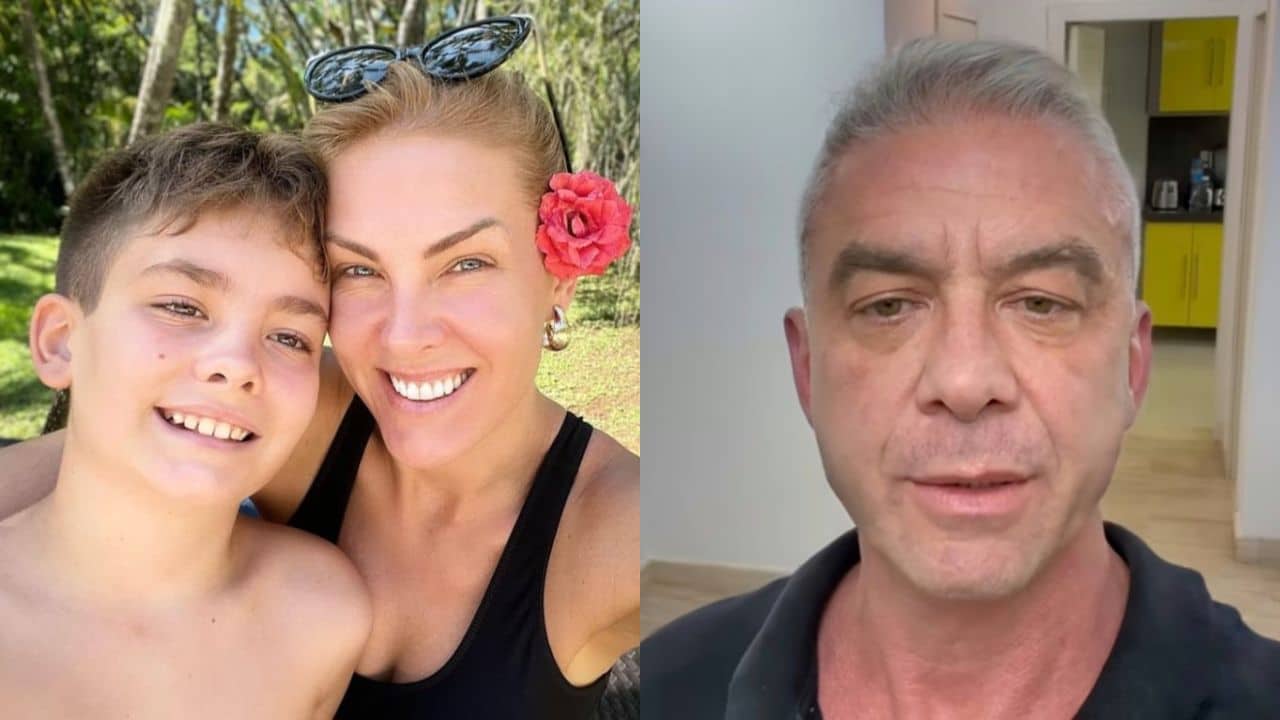 Fotos do Instagram de Ana Hickmann e Alexandre Correa. Na imagem de Ana ela está ao lado do filho, ambos sorriem. Ela está com o cabelo preto, uma regata preta e uma flor vermelha em sua orelha. O filho está sem camiseta. Alexandre veste uma camiseta preta.