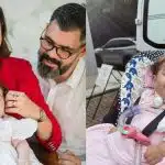 Duas imagens. Na primeira, Letícia Cazarré, vestida de vermelho, segura sua filha Guilhermina no colo. Guilhermina está de vestido e lacinhos no cabelo. Ao lado de Letícia, Juliano Cazarré vestido de verde e sentado olhando para elas. Na segunda imagem, Guilhermina está numa cadeira de bebê, sorrindo para a câmera.