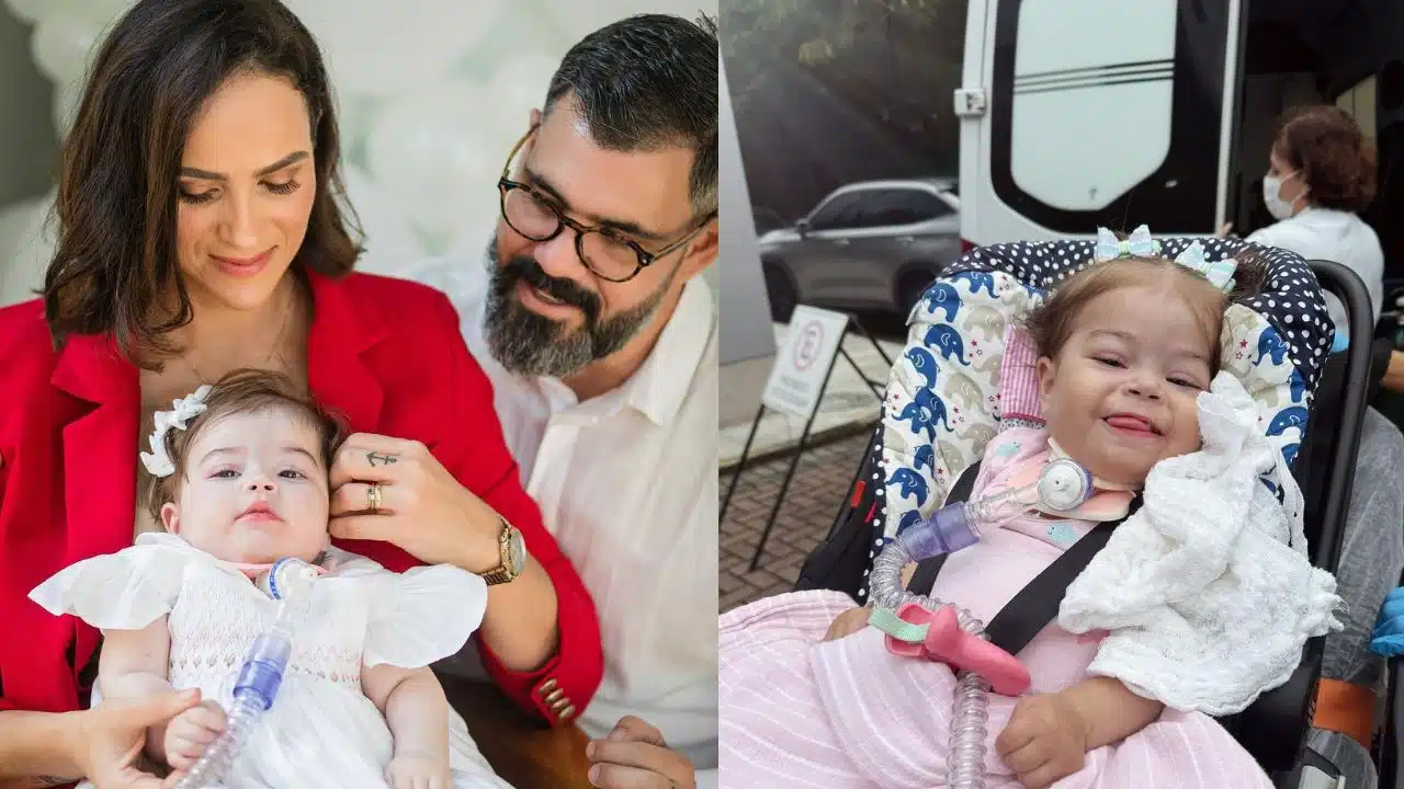 Duas imagens. Na primeira, Letícia Cazarré, vestida de vermelho, segura sua filha Guilhermina no colo. Guilhermina está de vestido e lacinhos no cabelo. Ao lado de Letícia, Juliano Cazarré vestido de verde e sentado olhando para elas. Na segunda imagem, Guilhermina está numa cadeira de bebê, sorrindo para a câmera.