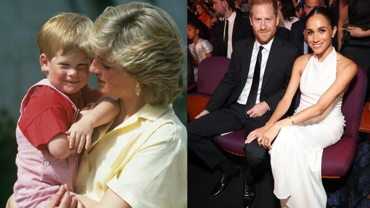 Príncipe Harry com sua mãe e durante as premiações com sua esposa