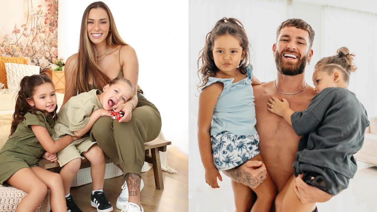 Na primeira imagem Tainá Castro com os filhos; na segunda imagem Léo Pereira com os filhos