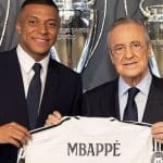 Kylian Mbappé ao lado de Florentino Pérez, presidente do Real Madrid