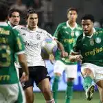 Jogadores do Palmeiras durante jogo contra o Flamengo, válido pelas oitavas de final da Copa do Brasil