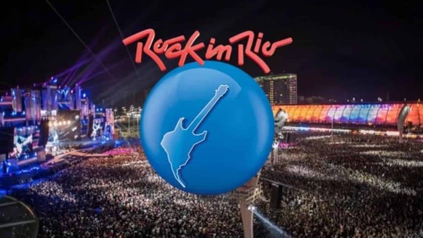 Foto destaque: Logo do Rock In Rio sobreposta, a uma multidão em frente ao Palco Mundo (reprodução/RockInRio)