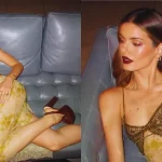 Camila Queiroz aposta em look brilhante com transparência e dispensa sutiã