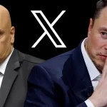 Ministro Alexandre de Moraes ao lado de Elon Musk com o logo da plataforma X ao centro