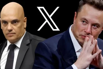 Ministro Alexandre de Moraes ao lado de Elon Musk com o logo da plataforma X ao centro