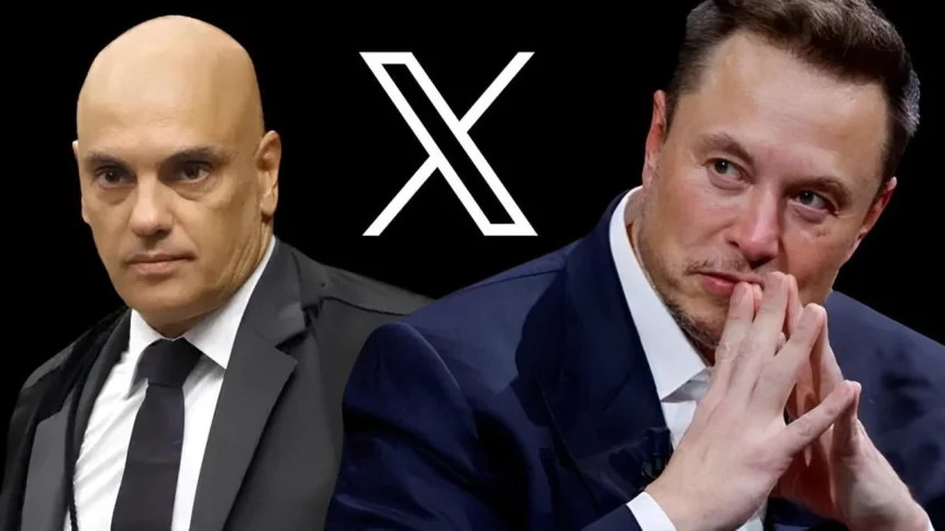 Ministro Alexandre de Moraes ao lado de Elon Musk com o logo da plataforma X ao centro