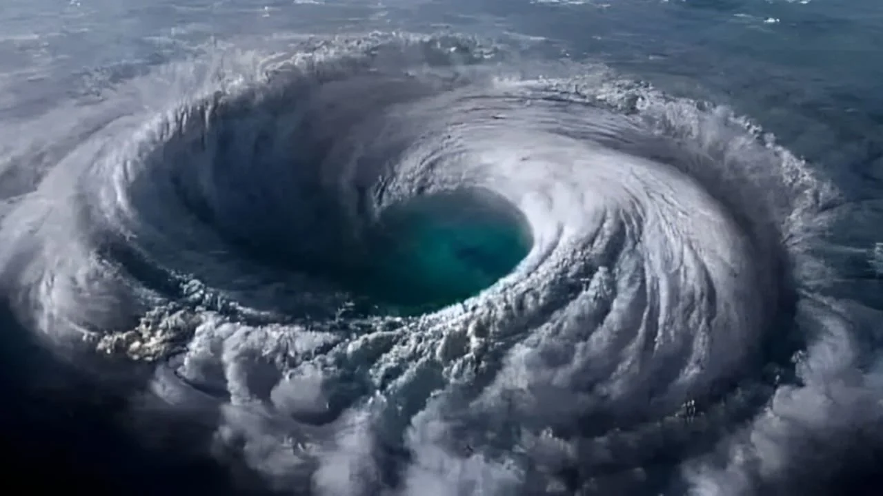 furacão em formação no oceano, com um enorme olho no centro cercado por nuvens em espiral