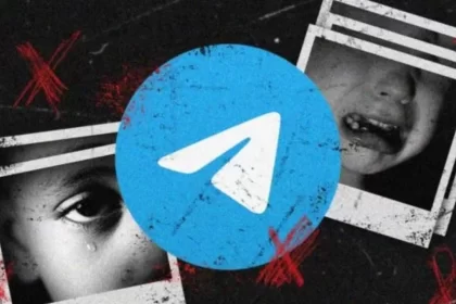 imagem destaca o grave problema da pedofilia na internet, com o logotipo do Telegram cercado por rostos de crianças, indicando a negligência da plataforma no combate a esse tipo de crime