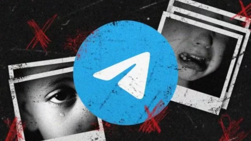 imagem destaca o grave problema da pedofilia na internet, com o logotipo do Telegram cercado por rostos de crianças, indicando a negligência da plataforma no combate a esse tipo de crime