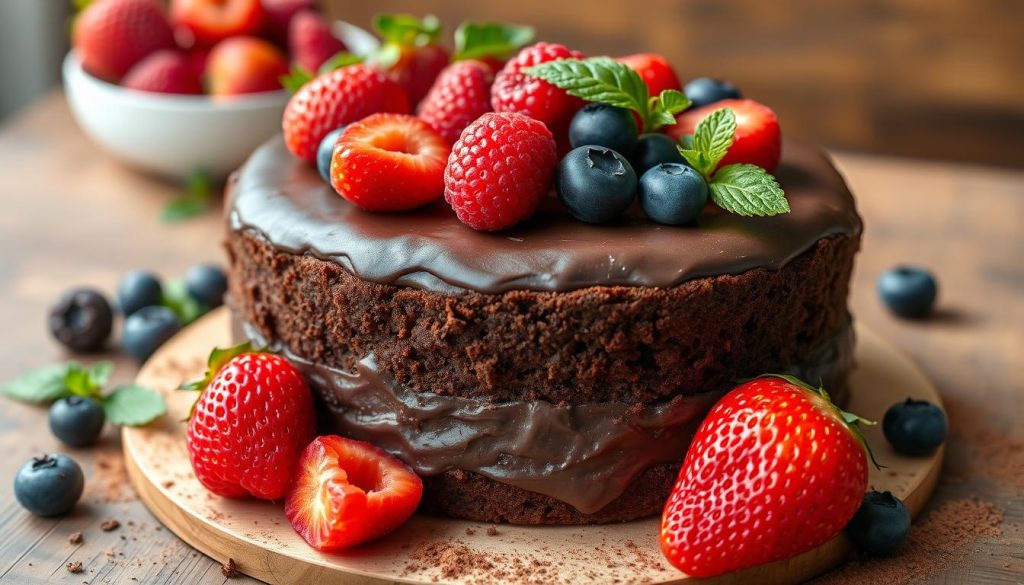 Bolo de chocolate com frutas vermelhas vegano