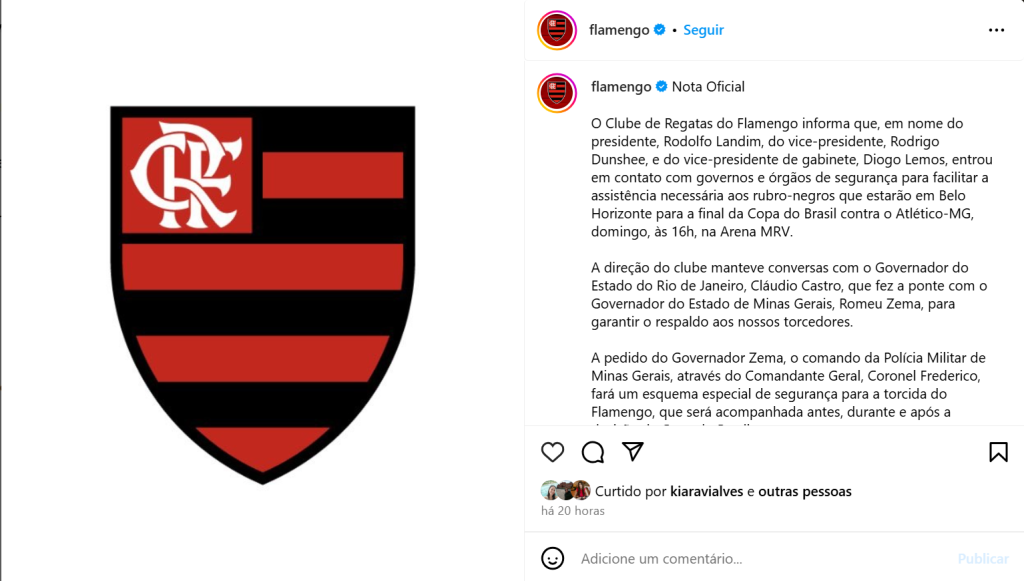 Nota oficial do Flamengo falando das medidas de segurança