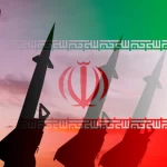 Estoque de mísseis contra o fundo da bandeira iraniana