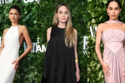 Zendaya, Angelina Jolie e Zoë Kravitz posam no tapete verde do Gotham Awards 2024, exibindo looks elegantes.