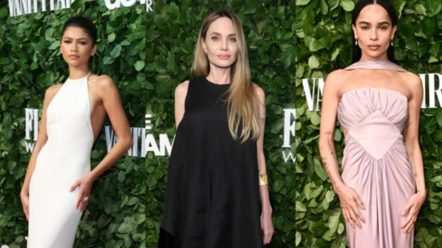 Zendaya, Angelina Jolie e Zoë Kravitz posam no tapete verde do Gotham Awards 2024, exibindo looks elegantes.