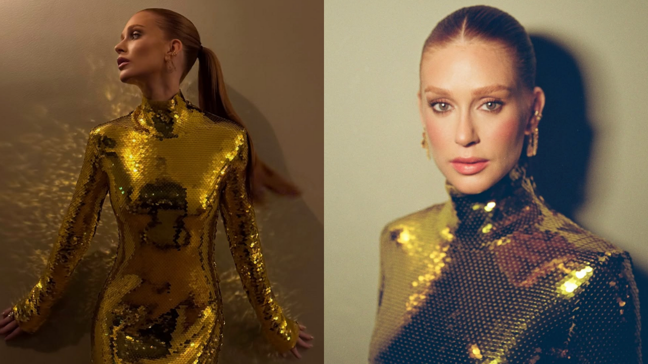 Marina Ruy Barbosa chama a atenção ao usar vestido dourado