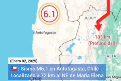 Ilustração oficial mostrando o epicentro do terremoto de magnitude 6,1 que atingiu o norte do Chile nesta tarde de quinta-feira (02)