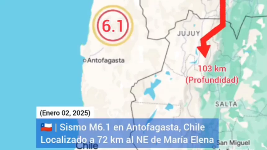 Ilustração oficial mostrando o epicentro do terremoto de magnitude 6,1 que atingiu o norte do Chile nesta tarde de quinta-feira (02)