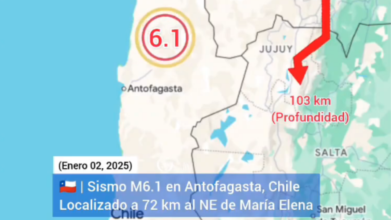 Ilustração oficial mostrando o epicentro do terremoto de magnitude 6,1 que atingiu o norte do Chile nesta tarde de quinta-feira (02)