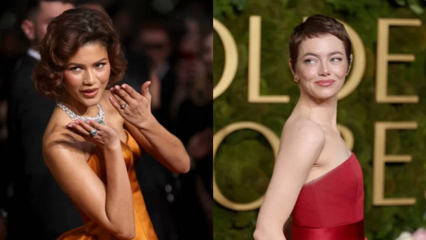 Zendaya e Emma Stone no tapete vermelho do Globo de Ouro