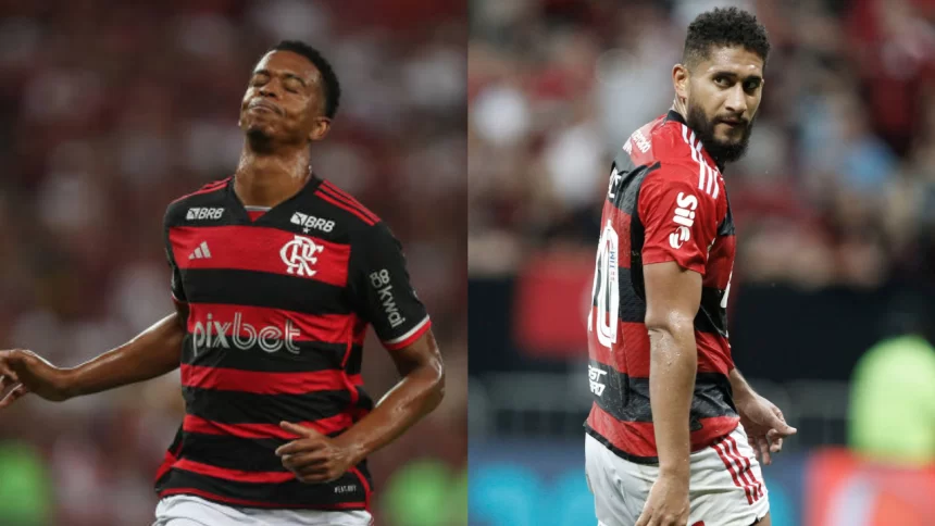 Jogadores Carlinhos e Pablo, ambos de saída do Flamengo, em campo defendendo a camisa do clube em 2024