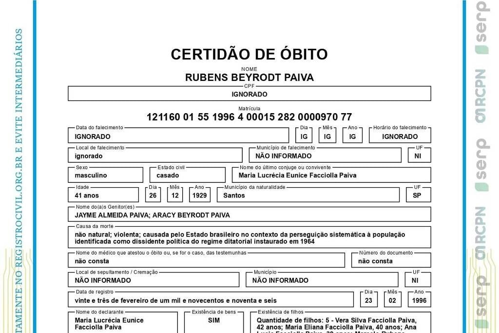 Nova certidão de óbito de Rubens Paiva 