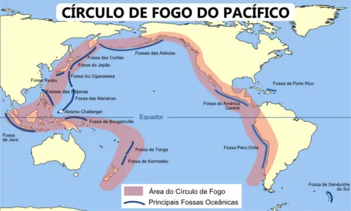 Mapa demonstrando, de maneira detalhada, a área do chamado "Circulo de Fogo do pacífico, bem como a estrutura de suas fossas oceânicas