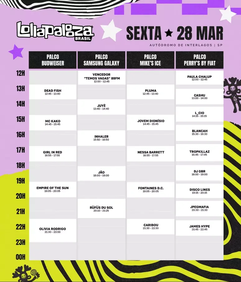 Programação de sexta-feira, 28 de março, do Lollapalooza Brasil 2025