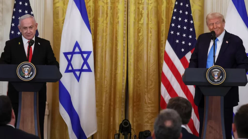 Donald Trump e Benjamin Netanyahu durante coletiva de imprensa na Casa Branca