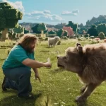 Personagem Steve, interpretado por Jack Black, domando lobo no trailer de Minecraft