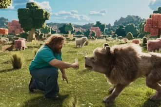 Personagem Steve, interpretado por Jack Black, domando lobo no trailer de Minecraft