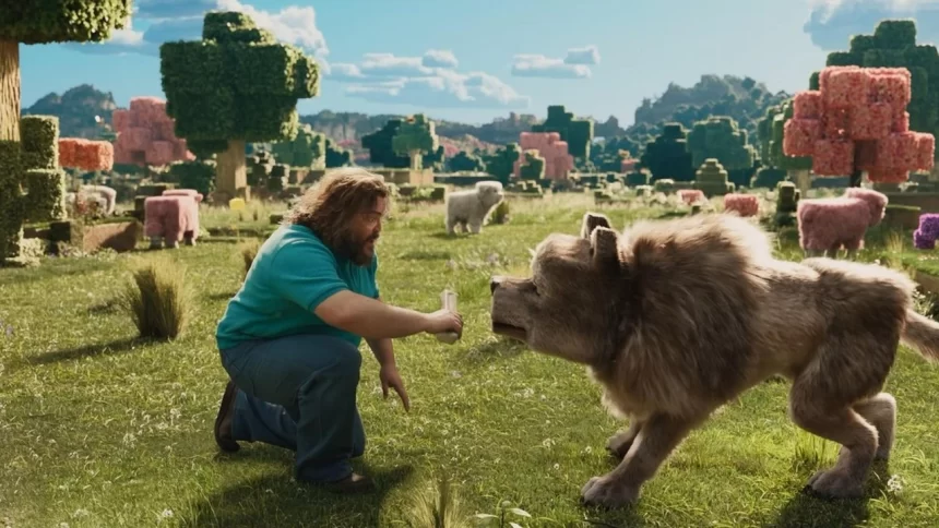 Personagem Steve, interpretado por Jack Black, domando lobo no trailer de Minecraft