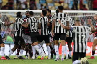 Jogadores brigando em campo na partida entre Botafogo e flamengo no dia 12 de Fevereiro