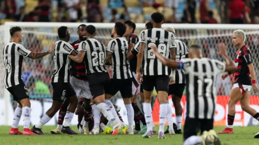 Jogadores brigando em campo na partida entre Botafogo e flamengo no dia 12 de Fevereiro