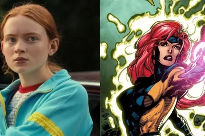 Foto de Sadie Sink em uma cena de Stranger Things e uma ilustração de Jean Grey