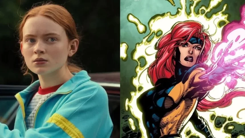 Foto de Sadie Sink em uma cena de Stranger Things e uma ilustração de Jean Grey