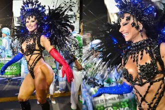 Viviane Araujo brilha no Sambódromo como rainha de bateria da Mancha Verde