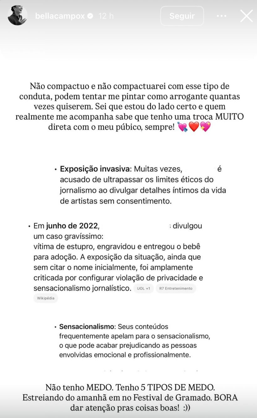 Bella Campos se posiciona sobre negativa de entrevista e debate ética jornalística