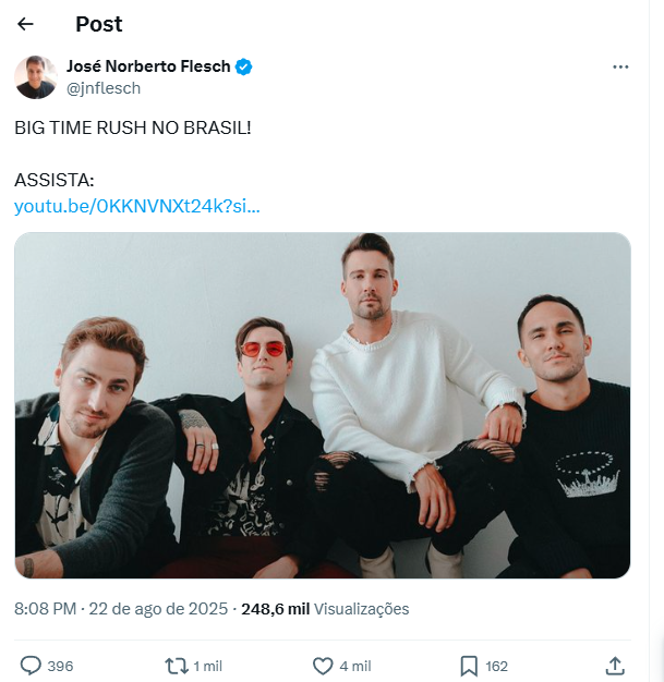 "Big Time Rush" retorna ao Brasil em 2026, afirma jornalista